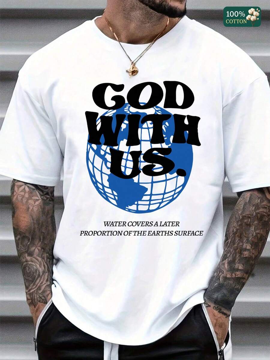 Unisex 100% Cotton Round Neck Short - Sleeve T - Shirt - "God With Us" Globe - Themed Graphic Tee For Summer Men's Tops - 白色 - 查看 1
