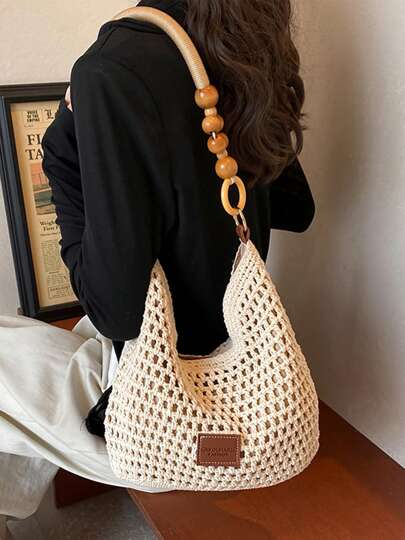 حقيبة كتف شاطئية صغيرة المقاس بتصميم شبكي أنيق، حزام كتف مصمم بالخرز والخرز، حقيبة كتف أنيقة للنساء مزودة بسير كتف طويل قابل للتعديل، مناسبة للاستخدام اليومي والرحلات والعطلات