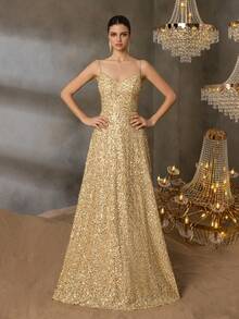 Elisanya Elegant Sequin Goddess Dress Delicate Spaghetti Strap Backless Design With Ultra-Grand Train – Shimmering In Spring/Summer Weddings & Formal Events Summer Dresses Spring Clothes - Champagne - View 3