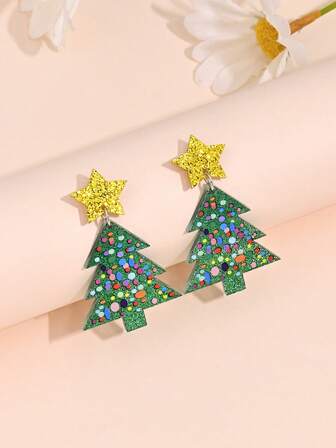 1 Pair Christmas Cartoon Glitter Star & Colorful Christmas Tree Acrylic Earrings, Suitable For Women To Wear In Daily, Christmas Party And Celebration, Random Tree Color