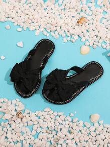 1 Pair Black Toddler/Girls' Flat Beach Sandals, Soft Fabric Butterfly Decor Slip-On Round Toe Design, Fashion & Cute Roman-Style Home Slippers Suitable For 3-15 Years Old Girls Daily, Beach, Vacation, Summer New