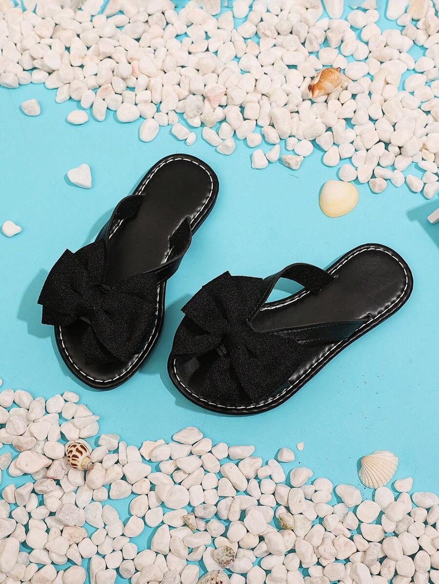 1 Pair Black Toddler/Girls' Flat Beach Sandals, Soft Fabric Butterfly Decor Slip-On Round Toe Design, Fashion & Cute Roman-Style Home Slippers Suitable For 3-15 Years Old Girls Daily, Beach, Vacation, Summer New