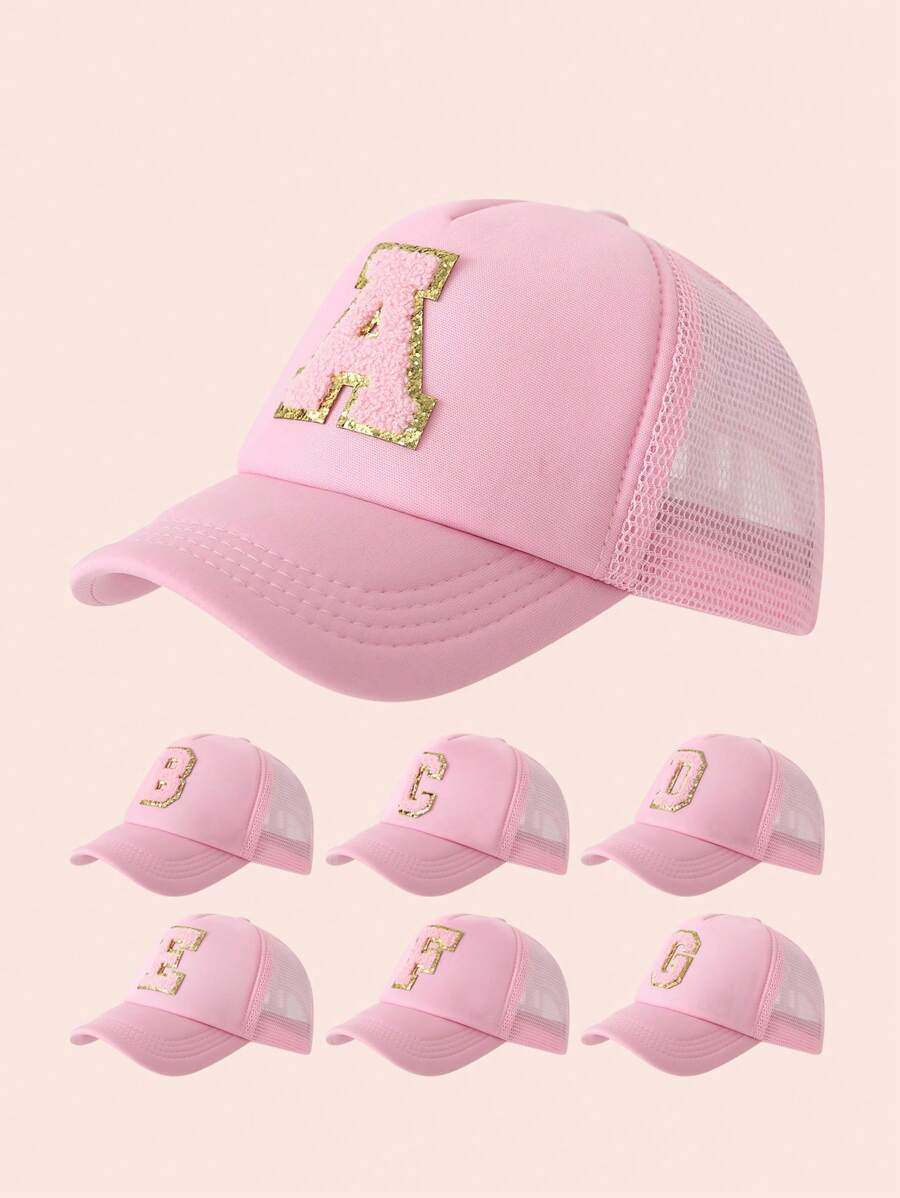 1 pièce Casquette en maille avec impression de 26 lettres rose pour enfant, casquette de baseball unisexe pour bébé avec visière, convient aux activités extérieures et à l'usage quotidien, protection solaire