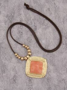 1pc Vintage Style Long Metal Necklace, Gold Square Metal & Pink Resin Pendant, Elegant Gift For Girlfriend, Daily Accessory - Wax Rope - View 16