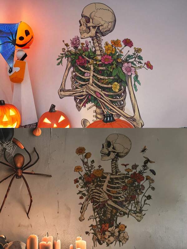 Colorful Skull Wall Stickers Art, Skull With Colorful Flowers For Art Lovers & Interior Design Enthusiasts, Home Decor Room Decor Bathroom Decor And Accessories Gift, Day Of The Dead Gift, Stickers Wall Decor