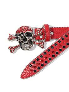 男士水鑽骷髏搭扣腰帶 - 銀色 - 查看 10