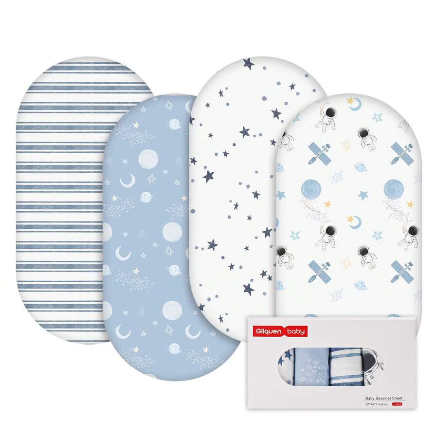 Baby Fitted Bassinet Sheets Set 4-Pack For Newborn Infant Baby Boys Girls, Astronaut - Phi hành gia - Xem 1