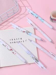 Set de 6 bolígrafos de agarre suave con motivos de dibujos animados, como Hello Kitty, Kuromi, Cinnamoroll y Pochacco, en color negro, adecuados para uso diario, decoraciones de fiesta, regalos de fiesta, regalos navideños y regalos de vuelta al colegio.