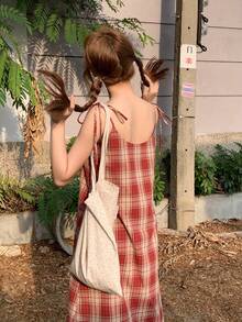 蓝色格子设计吊带连衣裙，女式迷你撞色蕾丝长裙，夏季休闲 - 紅色 - 查看 2