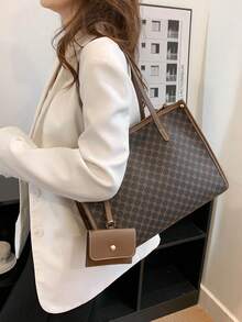 Large Capacity Patterned Tote Bag With Small Pouch Included - Brown - View 2