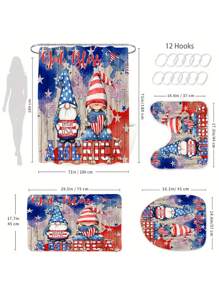 1/4 pièces Set de rideau de douche pour la fête de l'indépendance, avec imprimé de gnome du jour de l'indépendance américaine, rideau de douche avec drapeau américain, motif bannière étoilée, en tissu de polyester, set de salle de bain avec 12 crochets, tapis antidérapant, tapis en U, couvercle de siège de toilette, décoration du Memorial Day et du jour de l'indépendance, Toute saison