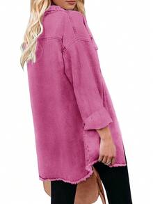 女士冬季街头风超大款毛边牛仔外套，配优雅衬衫领 - 粉色 - 查看 5