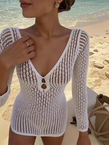 Summer Beach Vacation Women Solid Color Sexy Knit Hollow Out Bikini Cover-Up Swimsuit Sunscreen