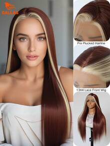 Brown Straight With Blonde Skunk Stripe Lace Front Wig 13x4 HD Transparent Heat-Resistant Synthetic Wig Perfect For Daily Wear & Holidays 24" - 拼色 - 查看 1