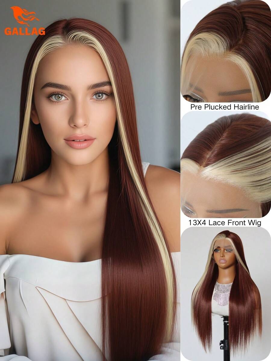 Brown Straight With Blonde Skunk Stripe Lace Front Wig 13x4 HD Transparent Heat-Resistant Synthetic Wig Perfect For Daily Wear & Holidays 24" - 拼色 - 查看 1