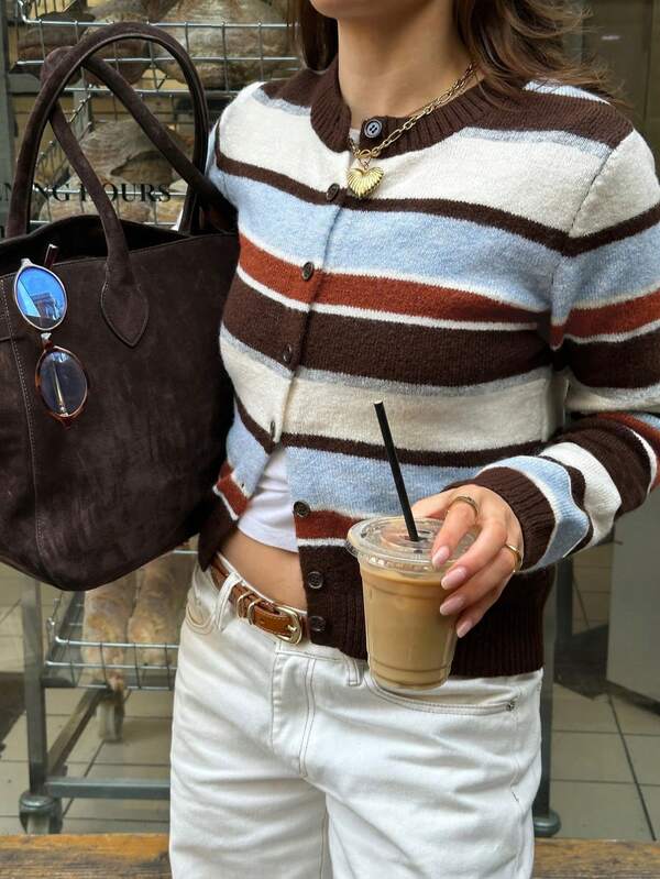 Senya Women's Clashing Stripe Round Neck Long Sleeve Knitted Cardigan, Retro Slim Casual Sweater Top, Daily Commuter Graduation Back To School Knitted Jacket