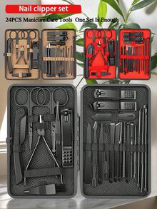 24合1美甲指甲钳修脚套装不锈钢美甲脚趾甲工具专业美容套装指甲护理工具带豪华旅行盒男女美容工具