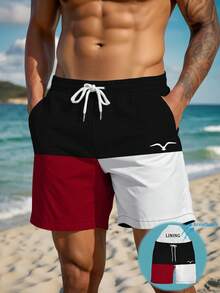 Men's Summer Printed Pattern Drawstring Waist Slant Pocket Hawaiian Quick-Dry Double-Layer Mesh Lined Shorts, Seagull Contrast Color 3D Artistic Print, Fashionable Casual Beachwear Swim Trunks - Multicolor - View 3