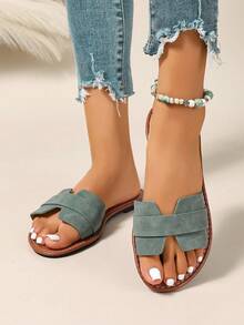 新款春夏时尚 H 型女士一脚蹬凉鞋，网眼面料，罗马风格，一脚蹬，休闲，黑色，米色，棕色，平底凉鞋，压花，沙漠锁，法式优雅，水钻，厚底，沙滩鞋，香槟色，简约室内外拖鞋，鳄鱼纹，扁平金属装饰带夏季凉鞋 - 青檸色 - 查看 3