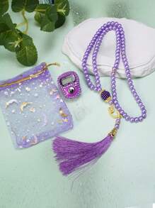 Juego de rosario musulmán y pulsera Tasbih empaquetado en una bolsa de regalo, con contador de anillo de diamante para mano