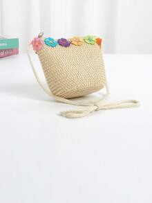 1pc Kids Cute Rainbow Ruffle Beach Straw Crossbody Bag, Princess One Shoulder Handbag Suitable For Daily Outing - Flowers - View 5