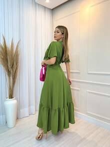 Women's Plain Wrap Dress - 橄欖綠 - 查看 2