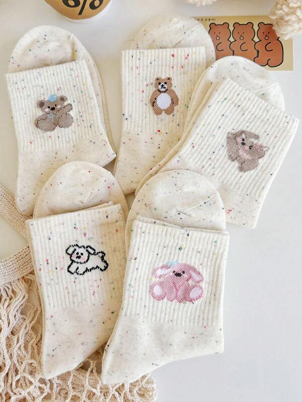 5 Pares de Meias Casuais de Média Altura para Mulheres com Design Fofo de Poá e Urso, Versáteis para Uso Diário