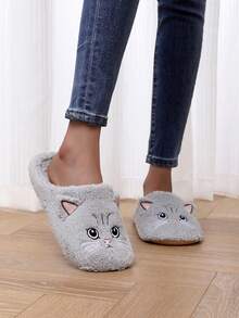 女士毛绒猫形家居拖鞋 - 柔软舒适的室内家居拖鞋，可爱的卡通猫咪设计，适合春秋冬季，休闲方便穿着，柔软衬里，透气，日常搭配，情侣拖鞋 - 灰色 - 查看 7
