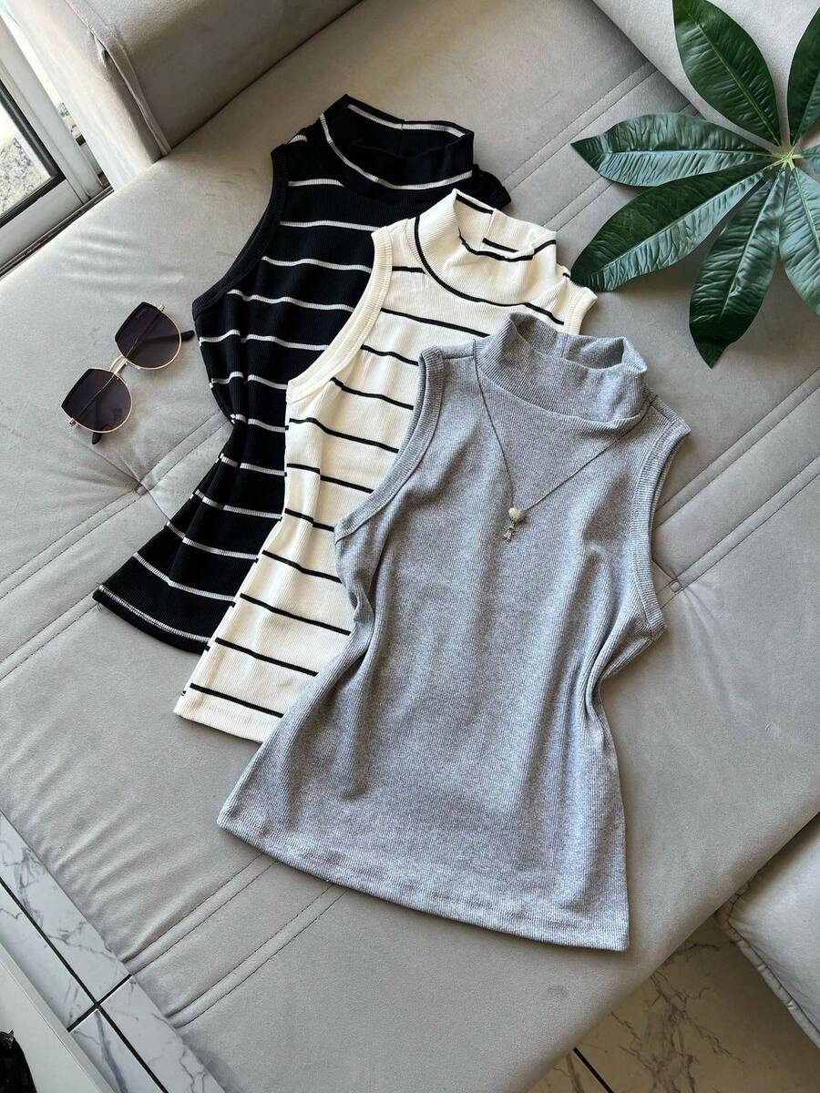 3 Pieces Tank Top Kit With High Neck Ribbed Fabric Striped Basic Long Tank Top Winter Fashion Color Block Cut And Sew Striped Casual Elegant Knitted Button - 套件 3 灰色 - 查看 1