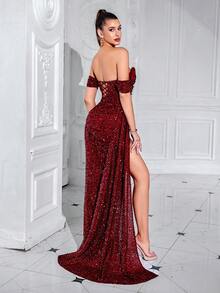 ADYCE Off Shoulder Split Thigh Flowing Ribbon Runched Waisted Cocktail Party Evening Prom Dress Elegant Formal Dress,Graduation Dress,Gown,Wedding Guest - 酒紅色 - 查看 2