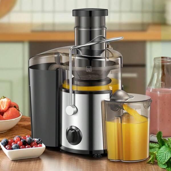 QCen Entsafter, 500 W Entsafter mit 3-Zoll-Einfüllschacht für Obst und Gemüse, leicht zu reinigen, Edelstahl