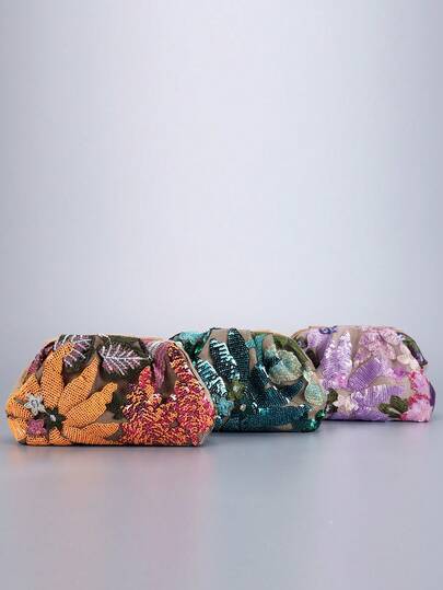 Bolso de mano de mujer con lentejuelas y bordado floral, bolso de mano de noche de verano con lentejuelas brillantes y diseño floral con brillo, bolso de mano con volantes asimétricos ligeros en forma de nube para fiestas