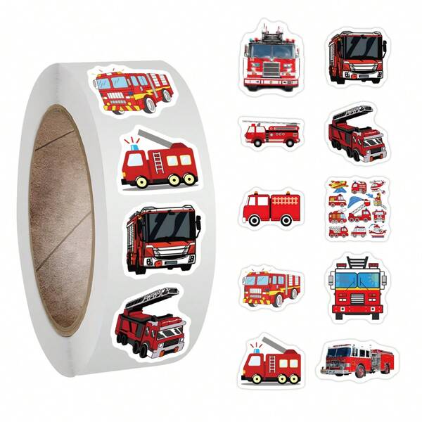 500PCS Fire Truck Stickers Roll Vinyl Aesthetics Stickers Scrapbooking, Diary, Bumper, Skateboard, Water Bottle, Cartoon, Hard Hat, Car Stickers