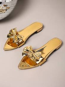 Women's Pointed Toe Lovely Bow Strap Chunky Heel Slide Sandals, Comfortable And Elegant Flat Summer Shoes
