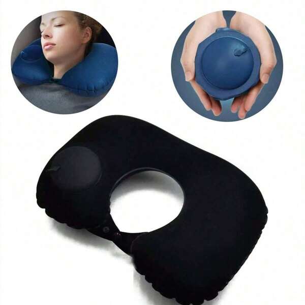 Oreiller de cou gonflable en peluche en forme de U, oreiller de cou gonflable portable de voyage à compression, oreiller de cou en forme de U à compression noire, compagnons de plein air pour les avions, les trains et les voitures, oreillers de sommeil portables pour le bureau, les déplacements, les vacances d'été, la rentrée scolaire
