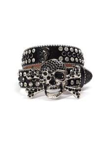 Men Rhinestone Skull Buckle Belt Street Halloween Skeleton - Black - View 13