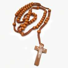 1pc Handmade Wooden Bead Rosary Necklace With Cross Pendant