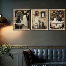 3Pcs Halloween Room Decor Home Decor Bathroom Decor Wall Arts Posters - Ghost Wall Art With Black Cat Funny Gothic Retro Horror Wall Decor Unframed 12x16 Inches ,Halloween Decor Fall Decor