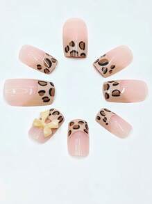 24pcs French Square Leopard Print Bow Fake Nails, Suitable For Summer Wedding Party Shooting Scene + Jelly Gel + Nail File