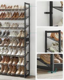 Étagère à Chaussures à 8/12 Niveaux, Étagère à Chaussures Empilable, Étagère de Rangement en Métal, Planches Réglables, 30,7 x 92,5 x 163,5/30,7 x 92,5 x 223 cm, 32-40/48-60 Paires, Noir - Noir - Voir 4