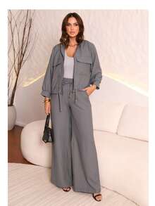 Adriana Marrant Women's Casual Fabric Autumn Street Set - 灰色 - 查看 4