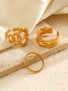3pcs Stainless Steel Plated Gold Geometric Cross & Ellipse Openwork Rings, Stylish For Women Everyday Wear & Outdoor