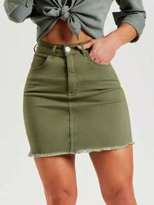 Fitted Frayed Hem Mini Denim Skirt - Women Summer Clothing - Army Green - View 3