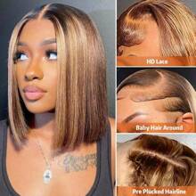 8 10 12 14 Inch 200% Density 13x4 HD Transparent Bob Lace Front Wigs Brazilian Virgin Wig Ear To Ear Straight Highlight Human Hair Blended Hair Glueless Lace Frontal Wigs Pre Plucked With Baby Hair Bone Straight
