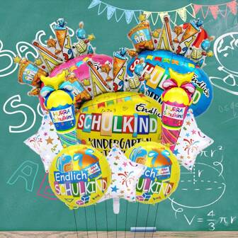 10 pezzi Set di palloncini in lamina a tema Ritorno a Scuola "Schulkind" in Germania, a forma di gelato, con "Hurra Schulkind" (Evviva il bambino della scuola), per decorare l'aula della scuola primaria per il ritorno a scuola