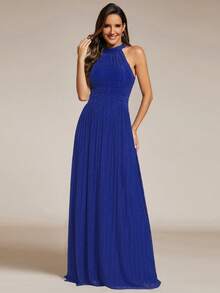 Glittery Ruched Waist Ruched Halter Neck Party Dress Royal Blue Elegant Formal Prom Wedding Guest Gown, For Graduation, Dinner - Royal Blue - View 3