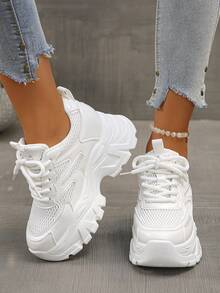 Women's Chunky Platform Sneakers, Casual Solid Color Fashionable Comfortable Breathable Chunky Sneakers, Fitness Gym - White - View 2