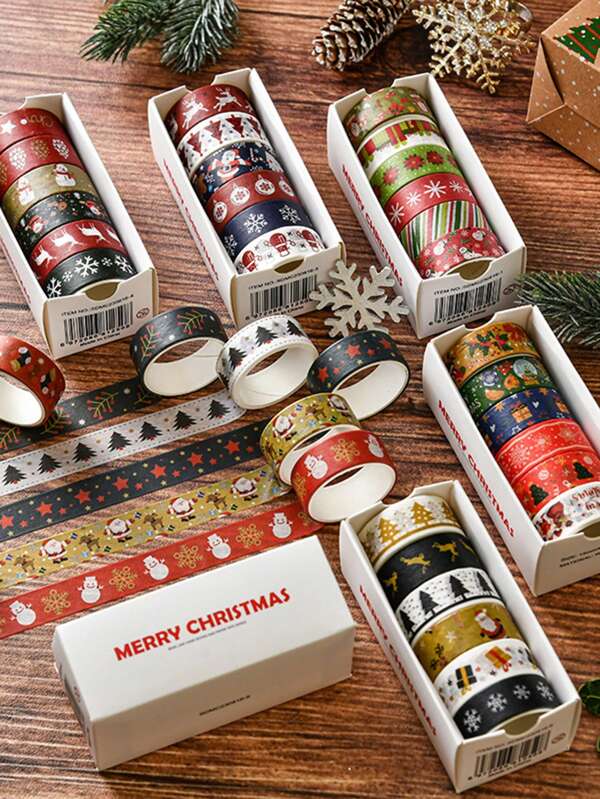 6 Rollen Vintage Weihnachts Washi Tape Set - Dekorative Klebebänder für Feiertags-Dekorationsmaterialien, Muster mit Weihnachtsmann, Rentier, Weihnachtsbaum mit schönen Drucken, handwerkliche Dekorationsgeschenke für Freunde, Schulmaterial
