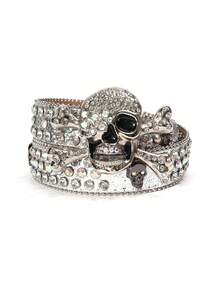 男士水鑽骷髏搭扣腰帶 - 銀色 - 查看 14