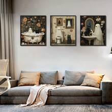 3Pcs Halloween Room Decor Home Decor Bathroom Decor Wall Arts Posters - Ghost Wall Art With Black Cat Funny Gothic Retro Horror Wall Decor Unframed 12x16 Inches ,Halloween Decor Fall Decor